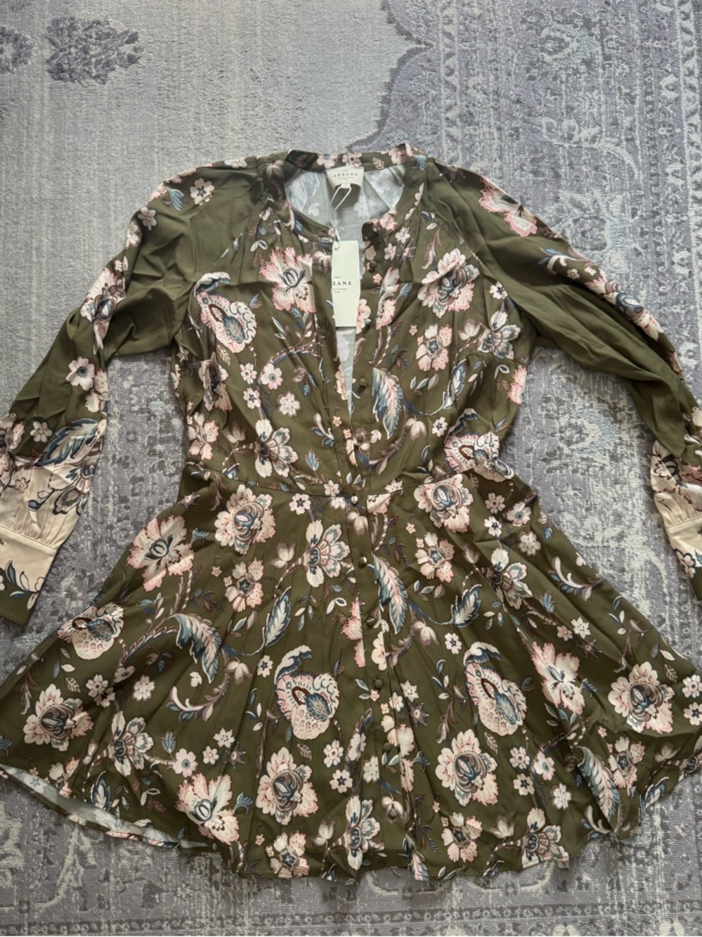 Sezane Olive Green Floral Mini Dress with Pink Accents